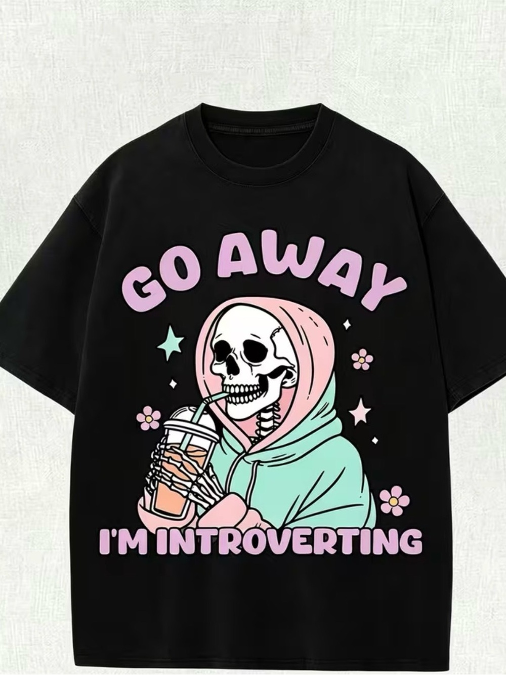 Go Away I'm Introverting Graphic Tee - Black with Pastel Pink & Mint